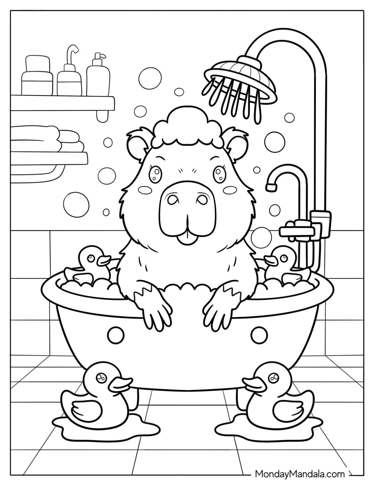 Capybara Coloring Page Taking a Bubble Bath with Rubber Duckies for Kids