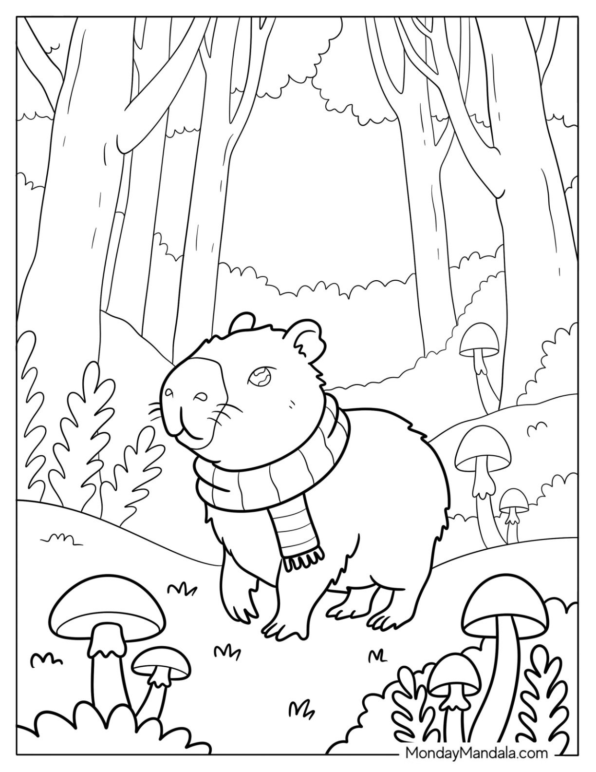 Capybara Coloring Page Wearing Scarf on Autumn Forest Walk for Kids