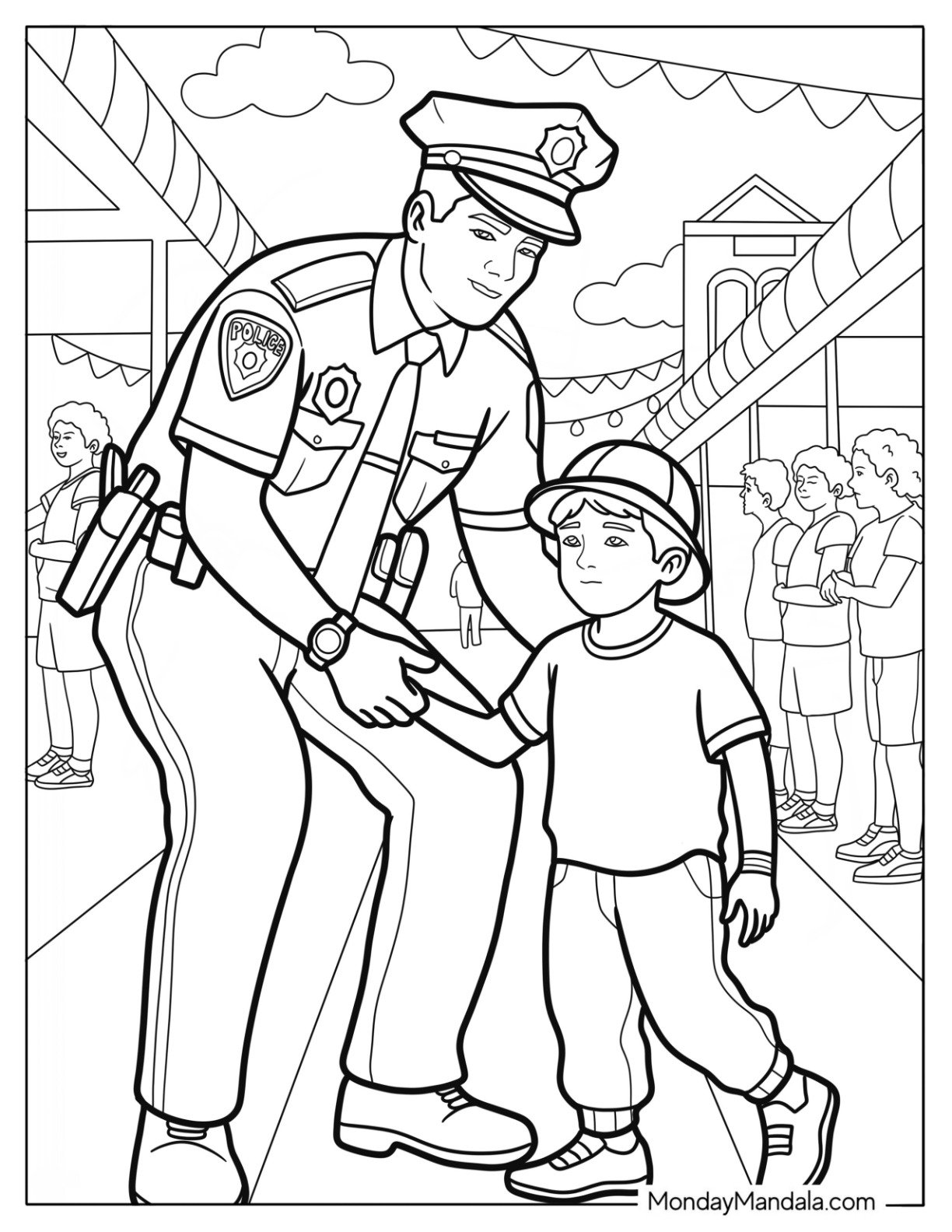 Caring Police Coloring Page Officer Helping Lost Child at Public Event