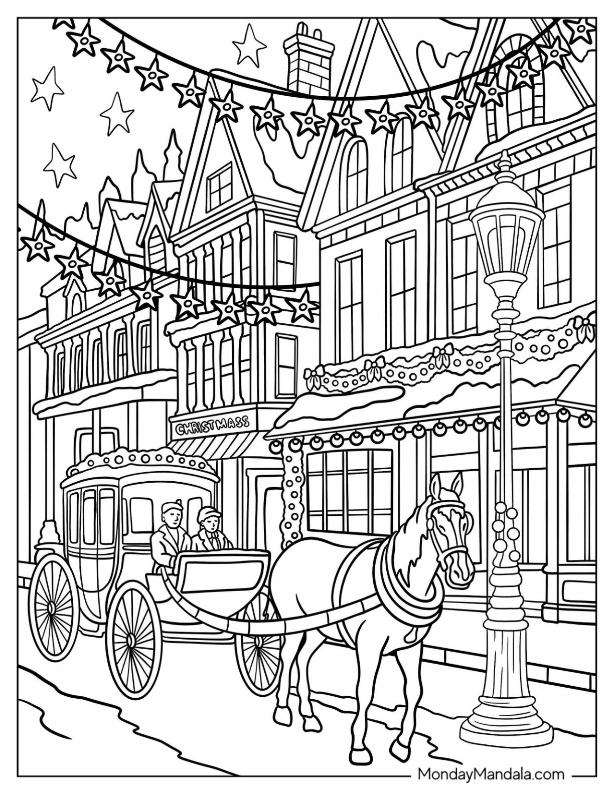 Carriage Riding Through Streets with Hanging Christmas Lights Coloring Page in Winter