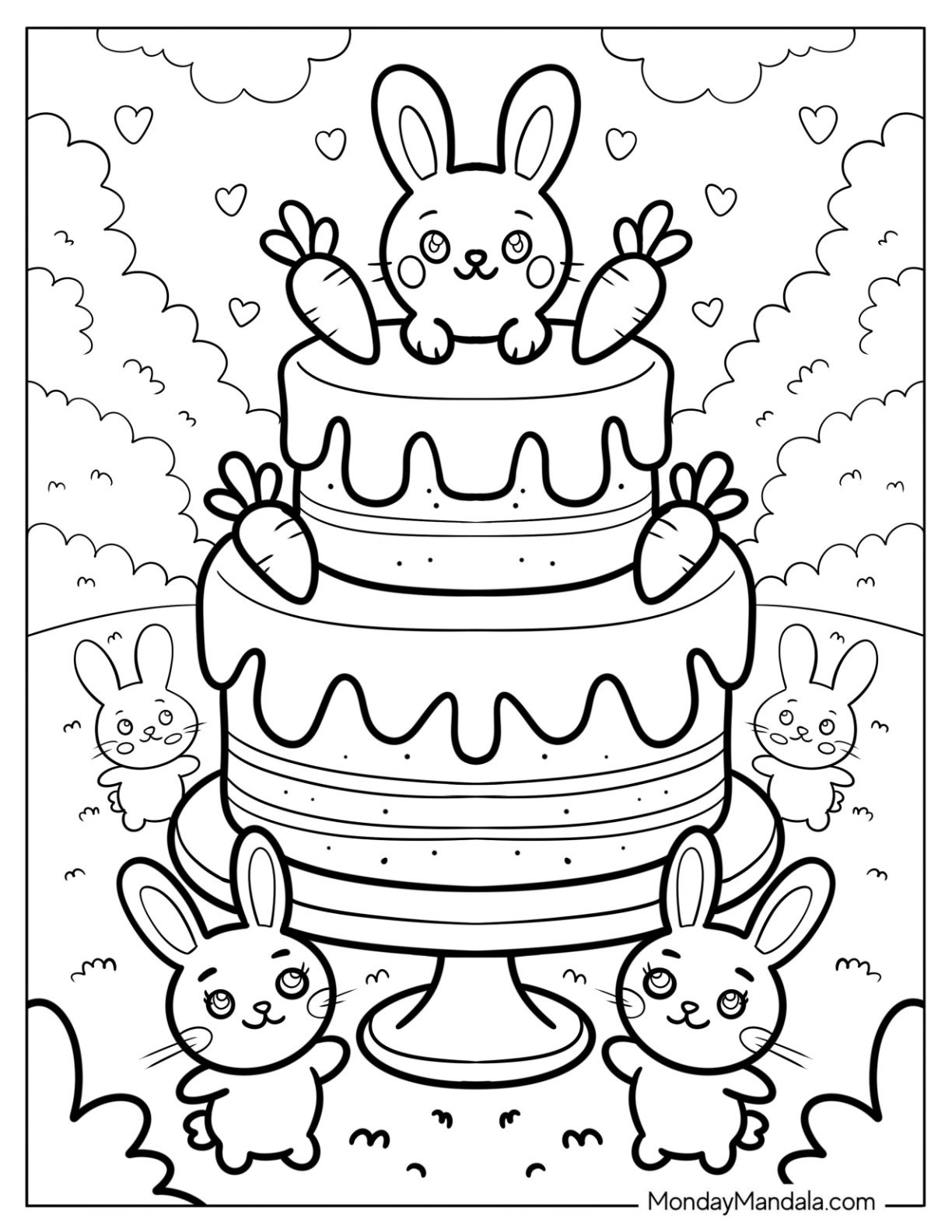 Carrot Cake Coloring Page with Tiny Rabbits in the Forest for Kids