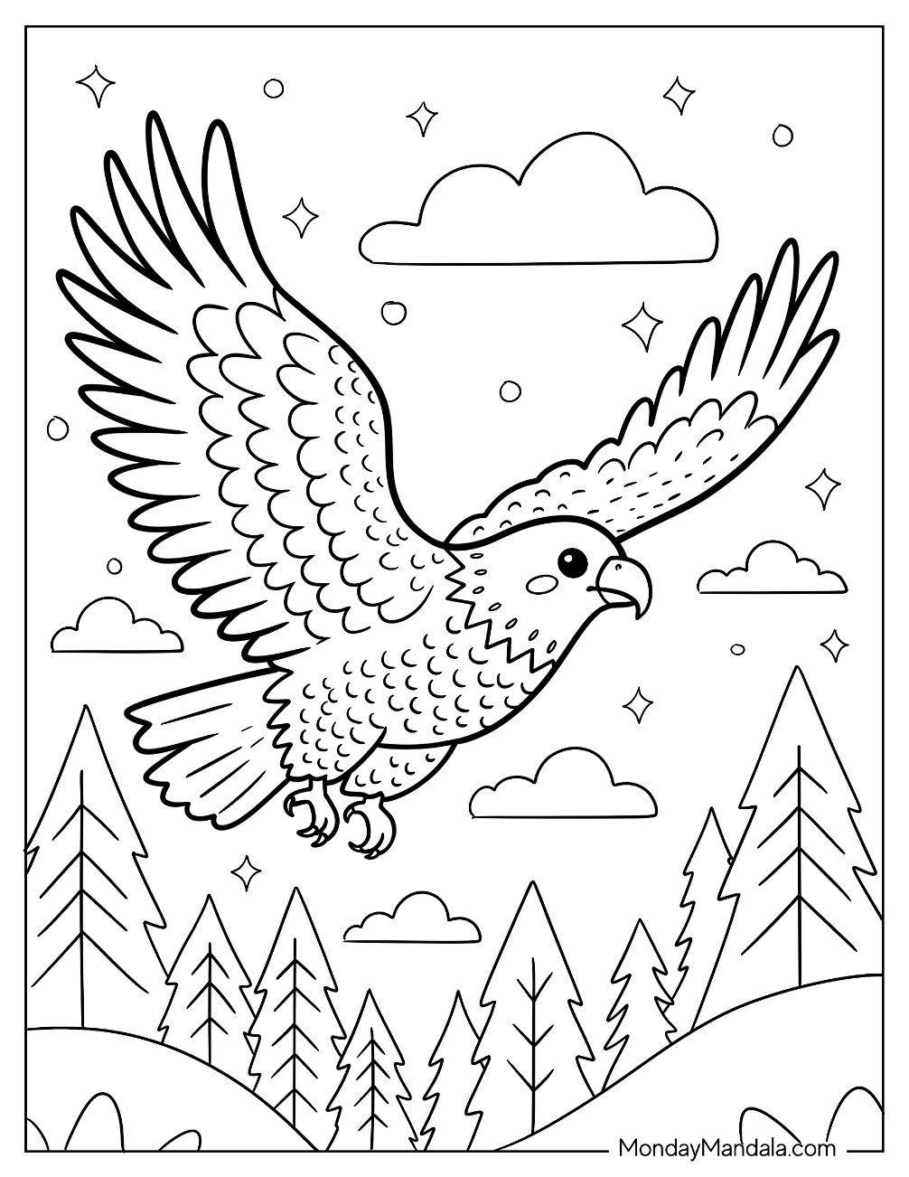 Cartoon Bald Eagle Coloring Page Flying Over a Forest for Kids