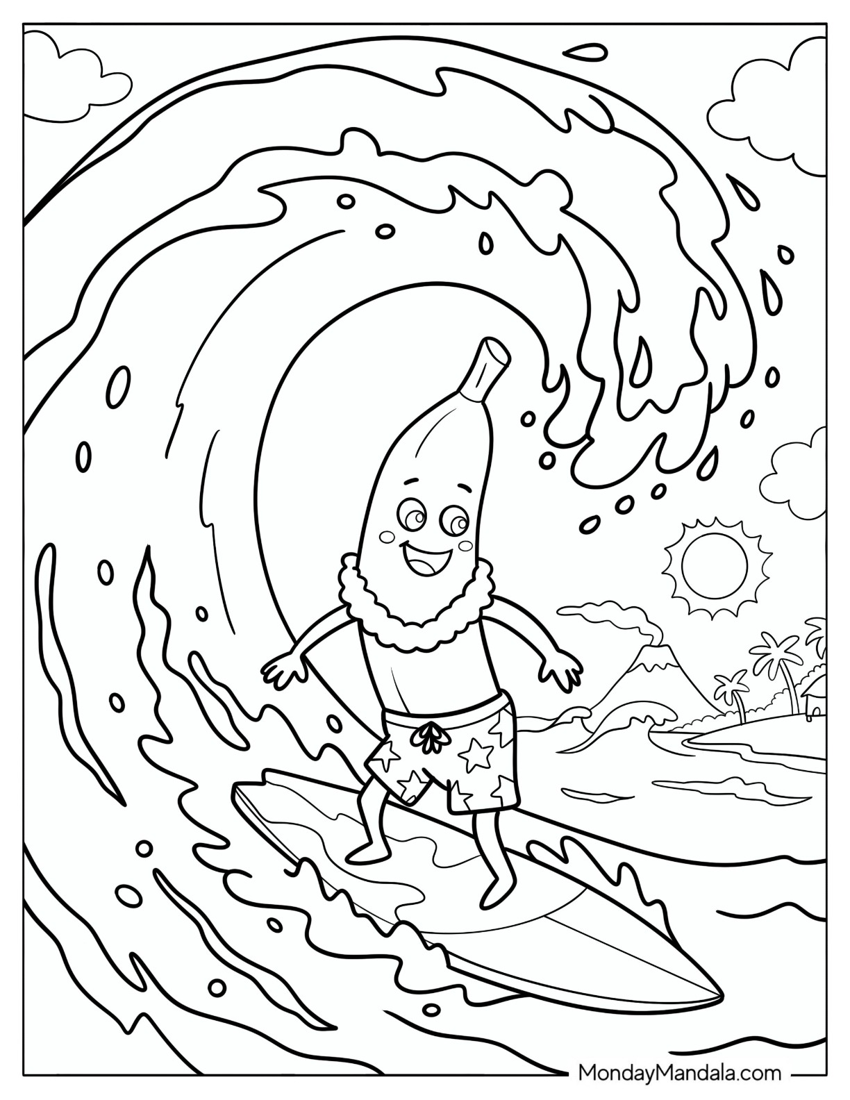 Cartoon Banana Surfing Coloring Sheet