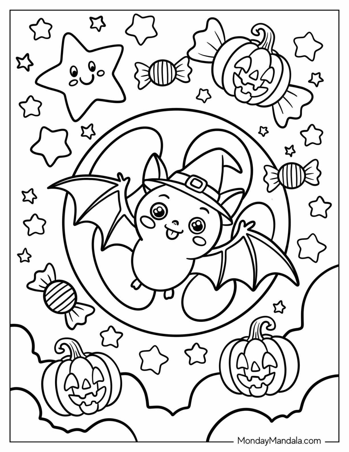 Cartoon Bat Coloring Page Wearing Witch Hat with Full Moon, Candies, Stars, and Jack O Lanterns