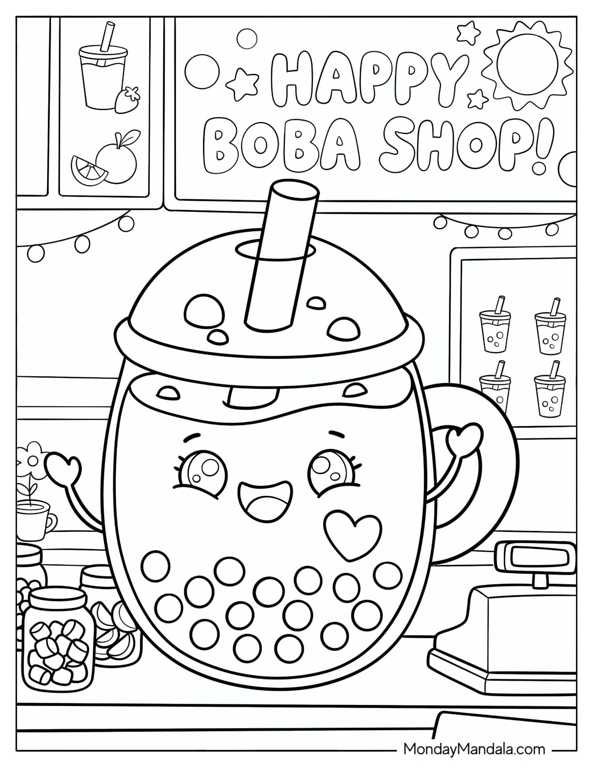 Cartoon Boba Tea in a Cafe Coloring Page for Kids