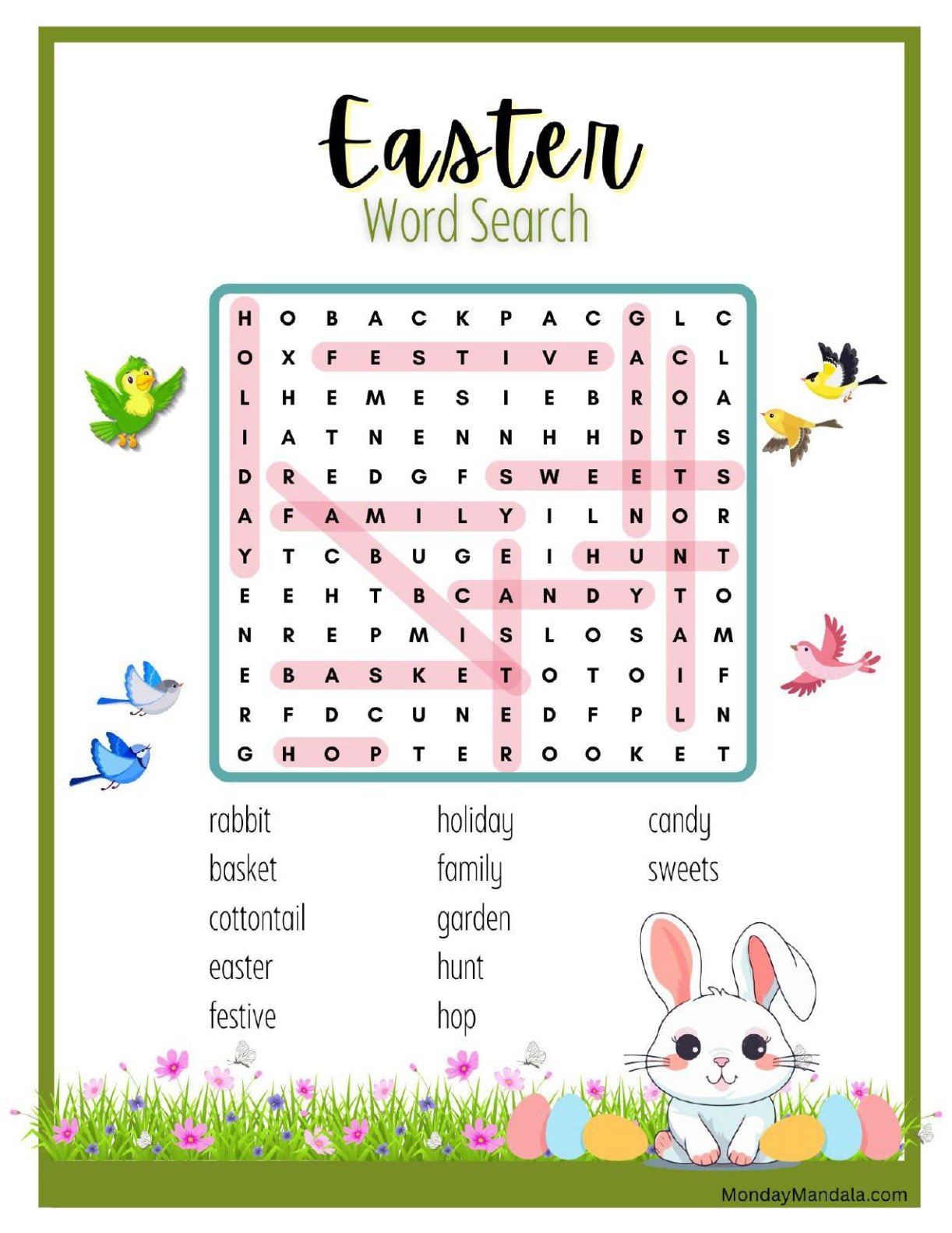 Cartoon Bunny With Birds Easter Word Search Answer Key