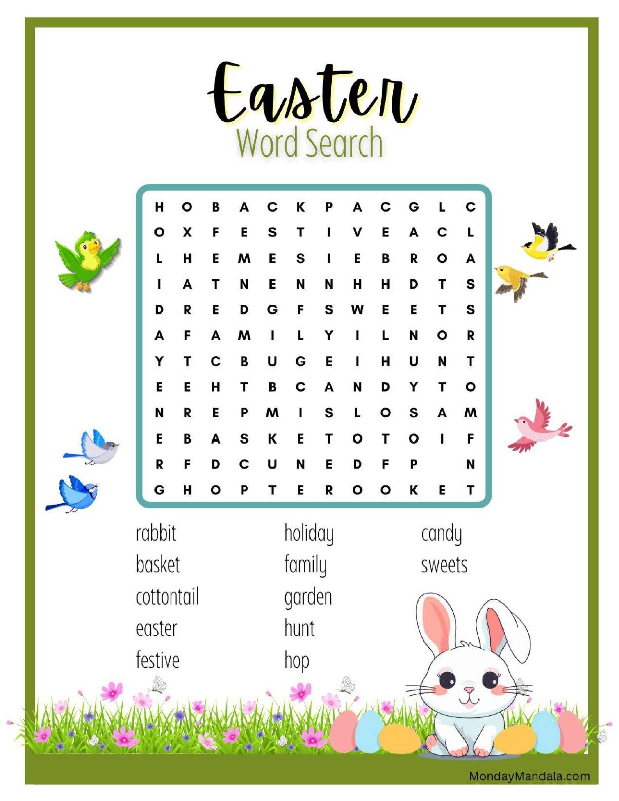 Cartoon Bunny With Birds Easter Word Search