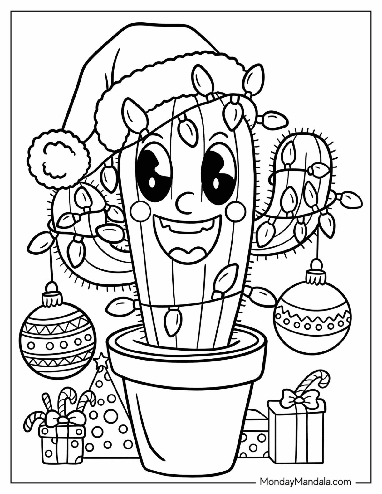 Cartoon Cactus Wrapped in Christmas Lights Coloring Page with Baubles and Santa Hat for Kids