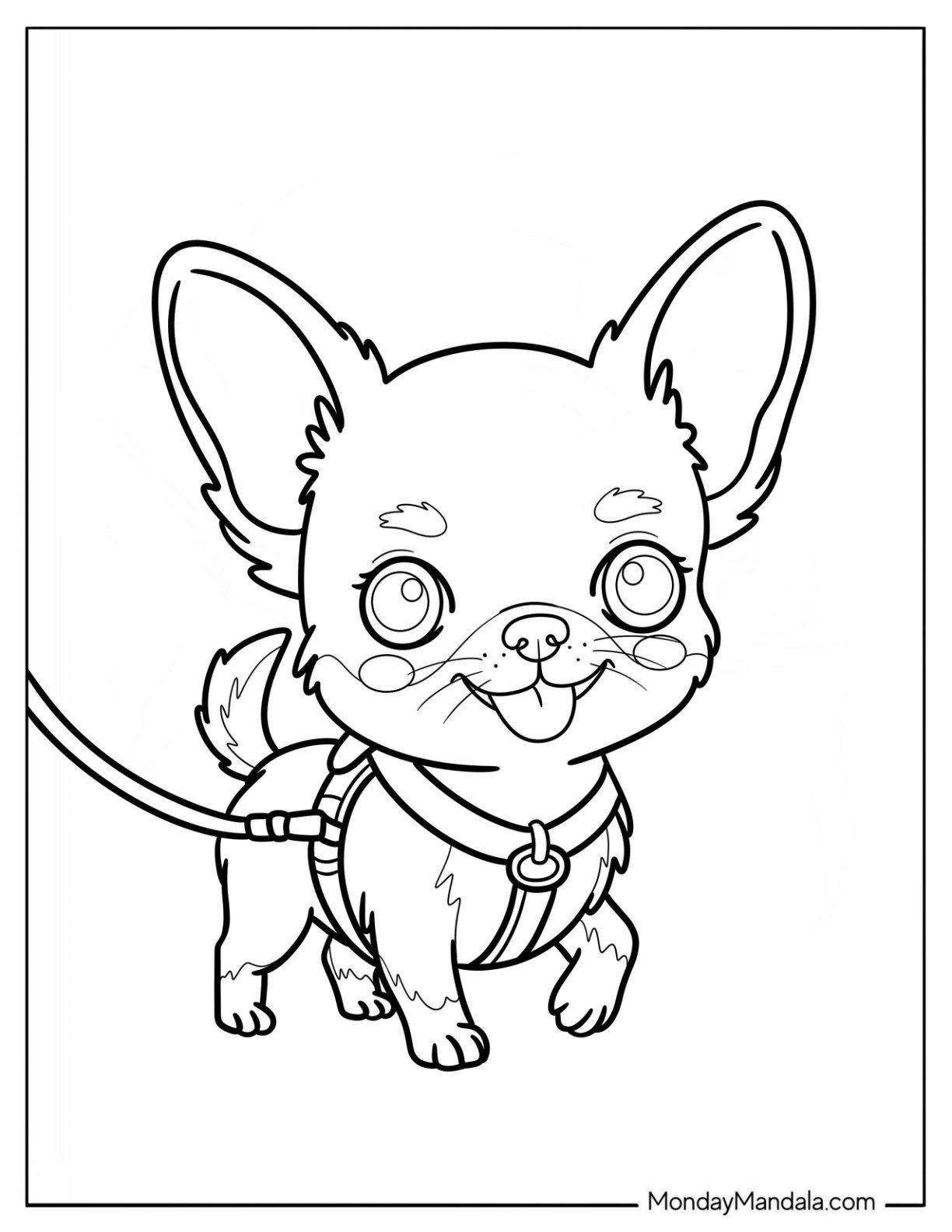 Cartoon Chihuahua Coloring Page Walking on a Leash for Kids