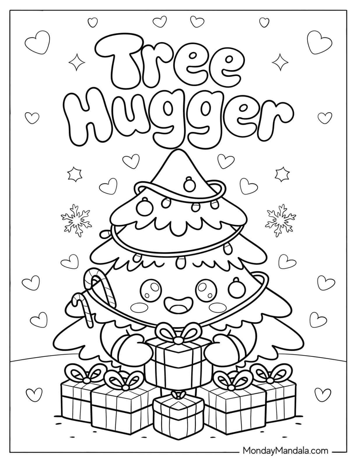 Cartoon Christmas Tree Coloring Page Hugging Presents for Kids