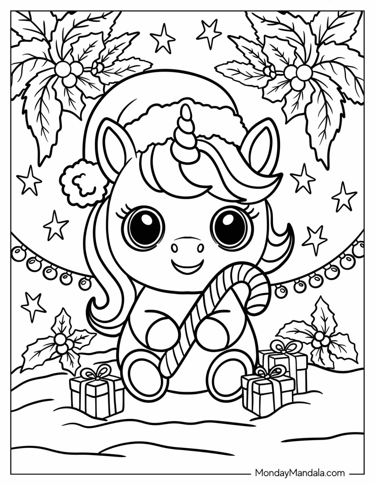 Cartoon Christmas Unicorn Coloring Page Hugging a Candy Cane for Preschoolers