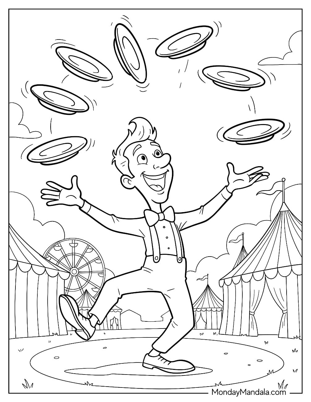 Cartoon Circus & Carnival Coloring Page of Juggler Spinning Plates for Kids
