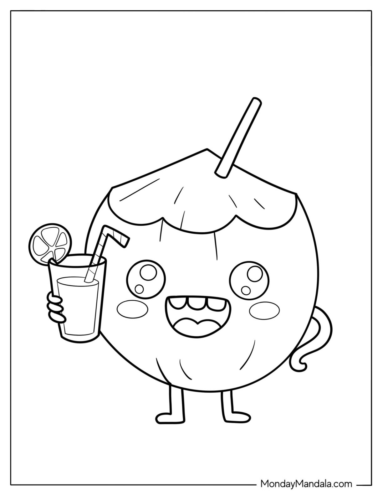 Cartoon Coconut with Toothy Grin Holding Up A Drink Coloring Sheet for Preschoolers