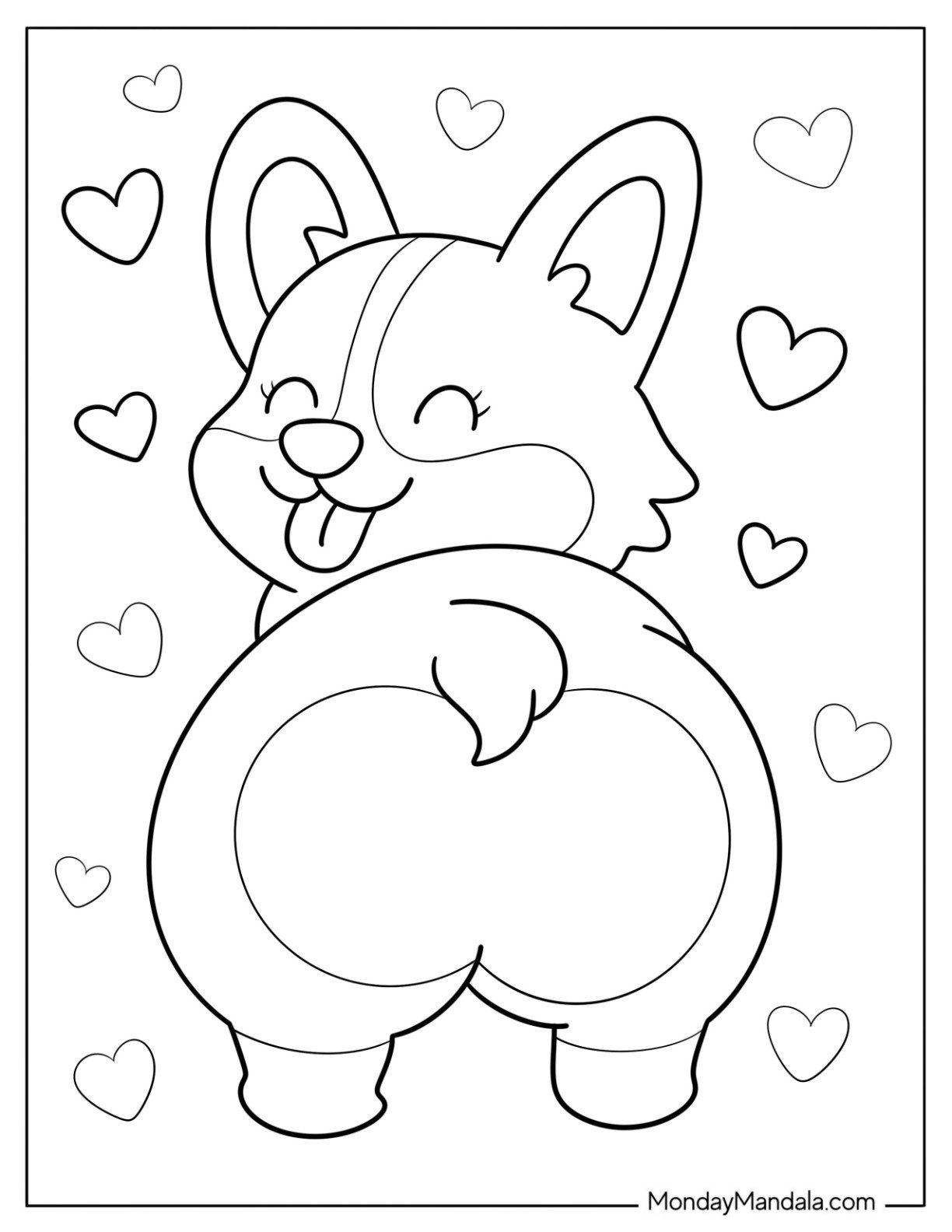 Cartoon Corgi Coloring Page Splooting with Love Heart Background for Preschoolers