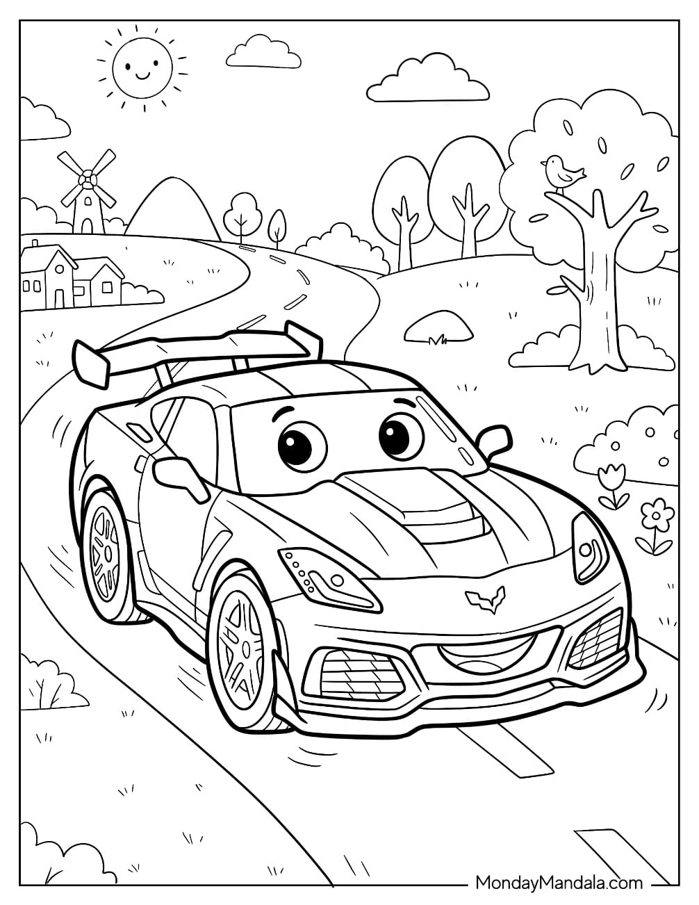 Cartoon Corvette Race Car on the Road Coloring Page for Kids