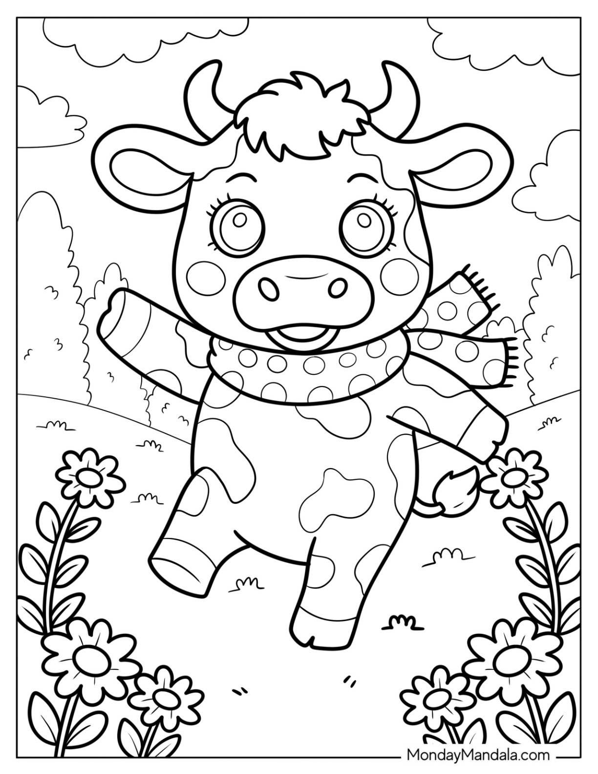 Cartoon Cow Coloring Page with Polka Dot Scarf Playing In A Sunny Field