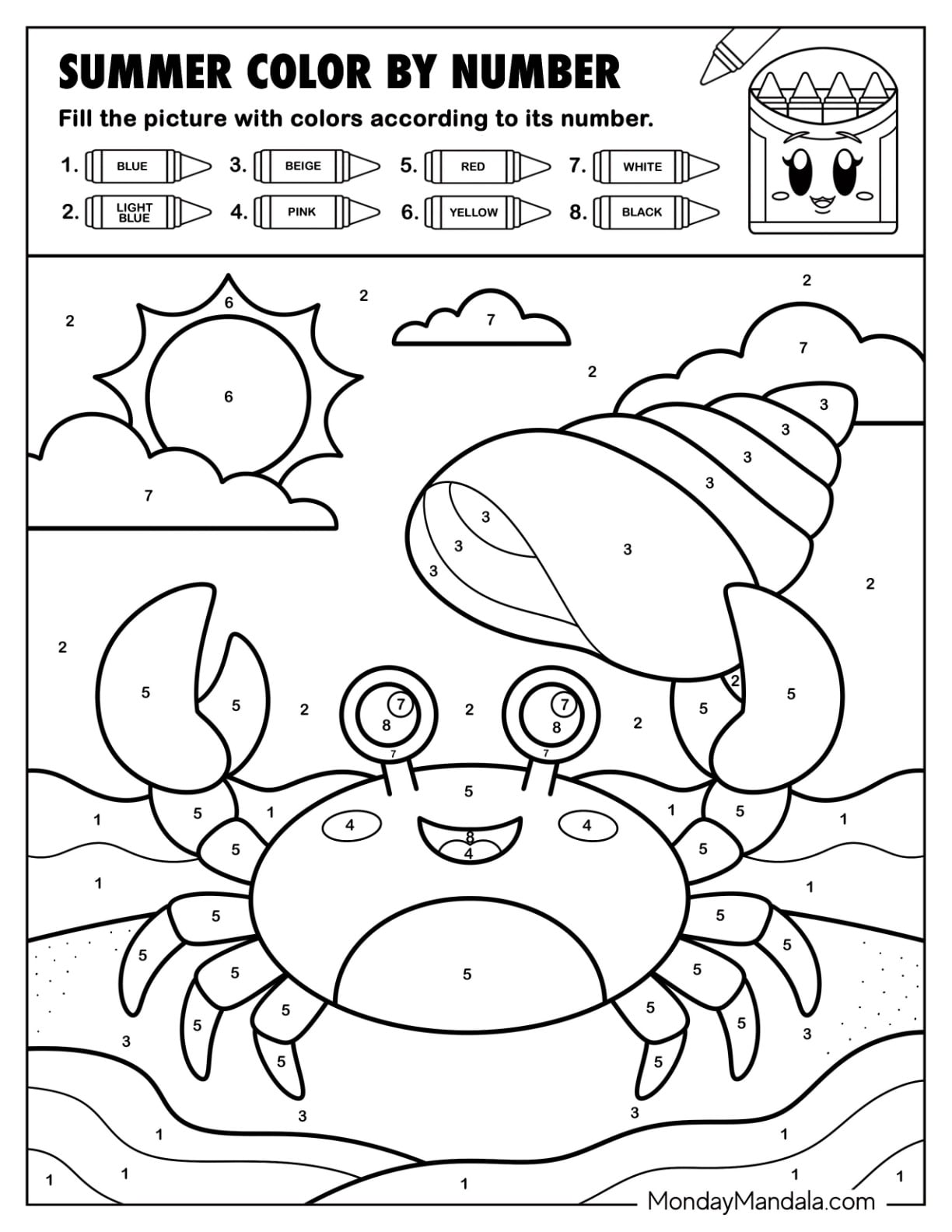 Cartoon Crab Holding a Seashell in Summer Color by Number