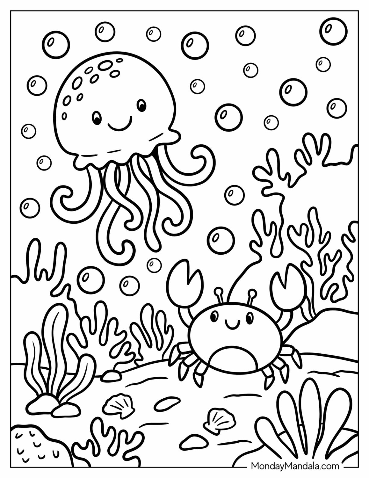 Cartoon Crab and Jellyfish Surrounded with Bubbles Coloring Page for Kids