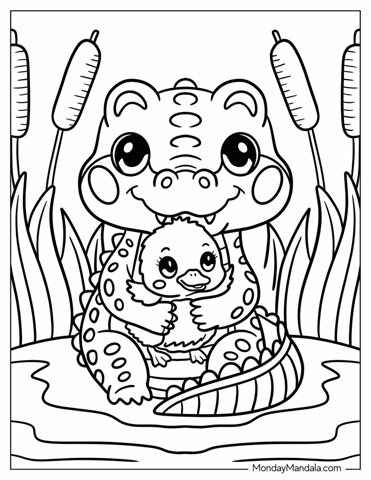 Cartoon Crocodile Coloring Page Hugging a Chick