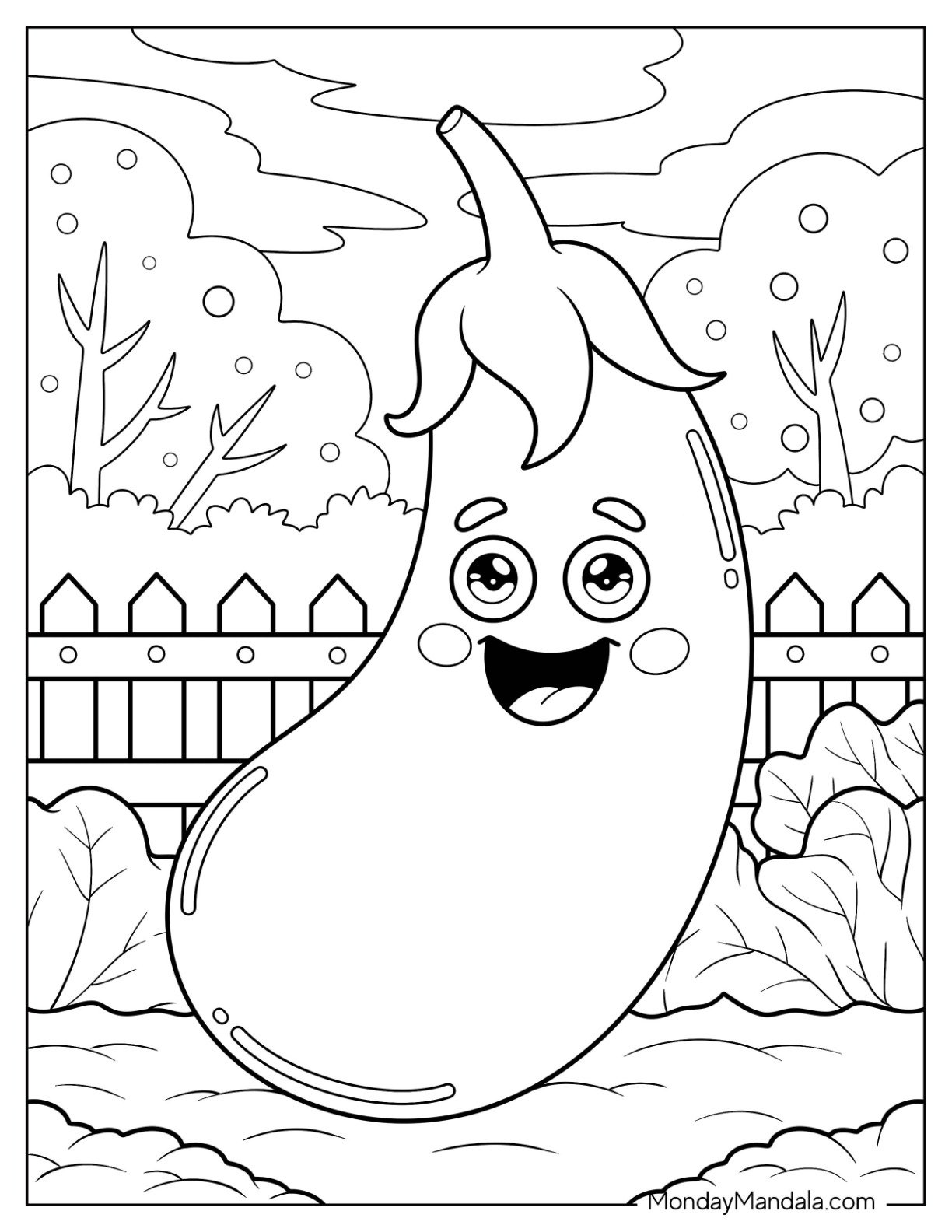 Cartoon Eggplant Vegetable Coloring Page With Big Eyes in a Farmyard for Kids