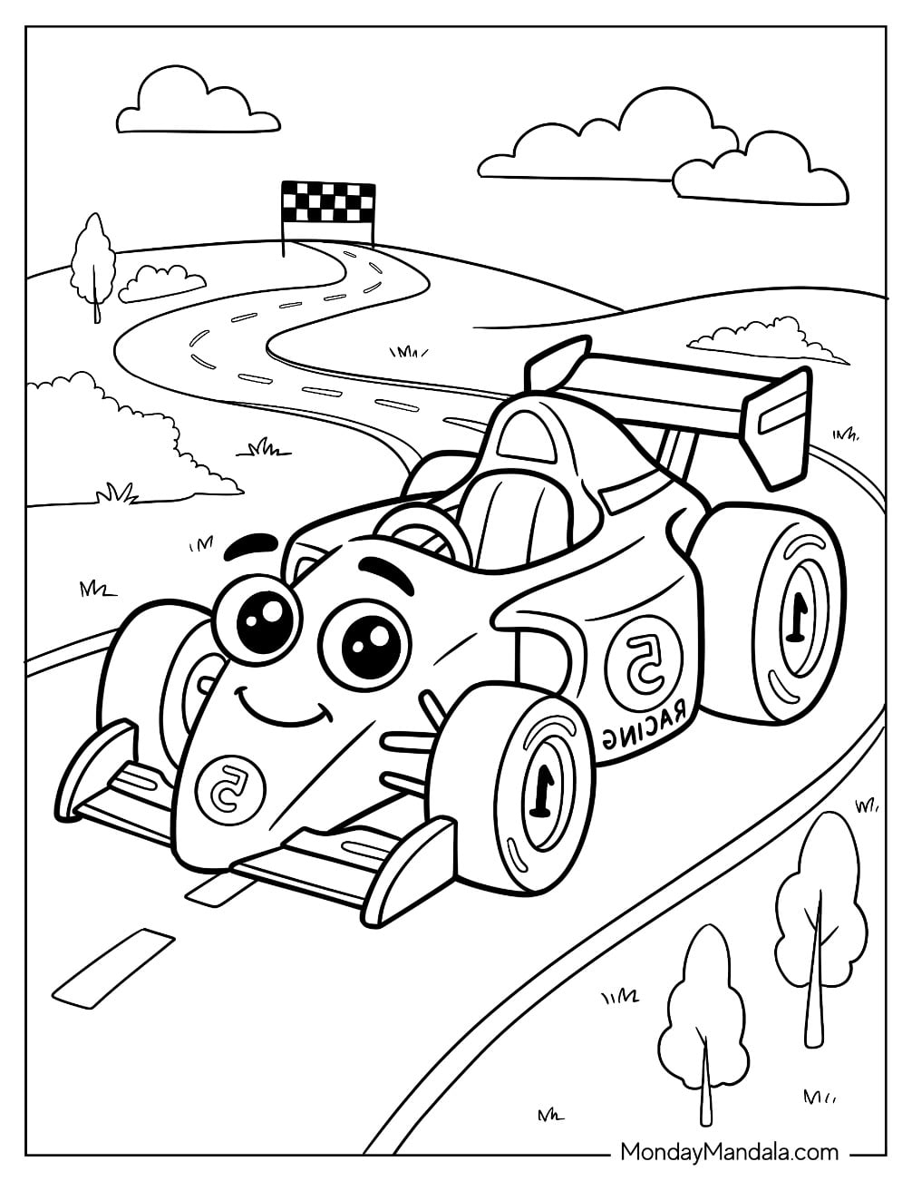 Cartoon F1 Car Driving Toward the Finish Line Coloring Page for Kids