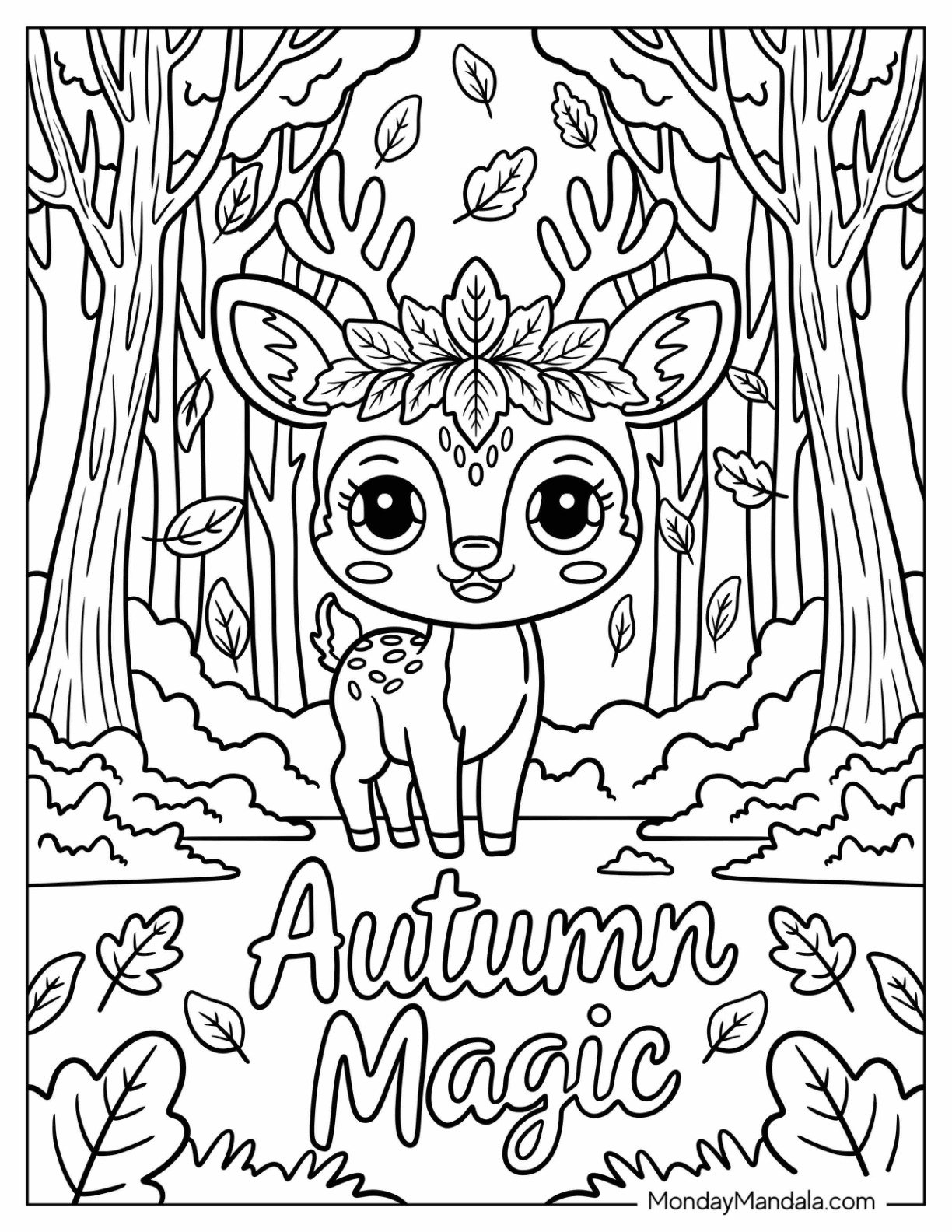Cartoon Forest Deer Surrounded by Autumn Leaves Coloring Sheet