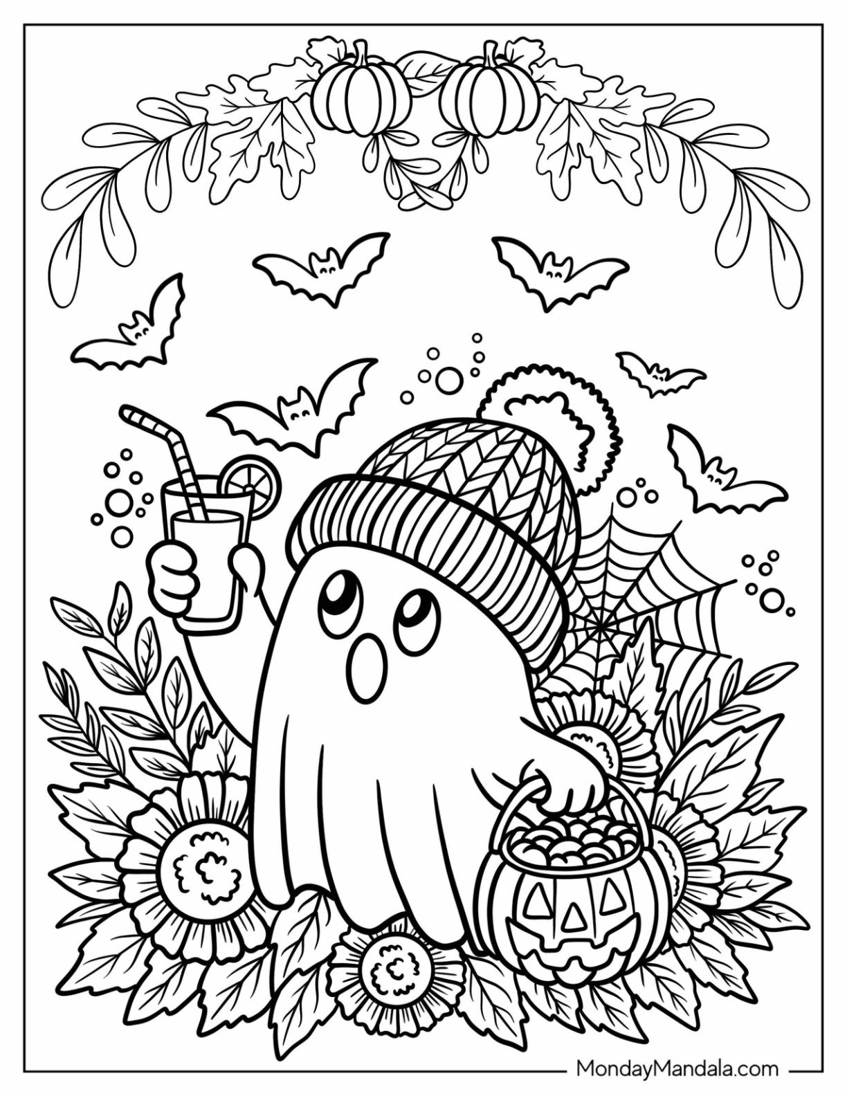 Autumn & Fall Coloring Page for Adults of Cartoon Ghost Holding Up Lemonade with Jack o Lantern, Flowers, and Bats