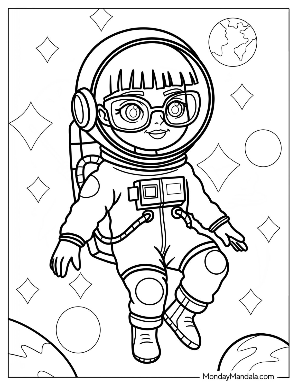 Cartoon Girl Astronaut With Glasses Floating in Outer Space with Earth and Planets