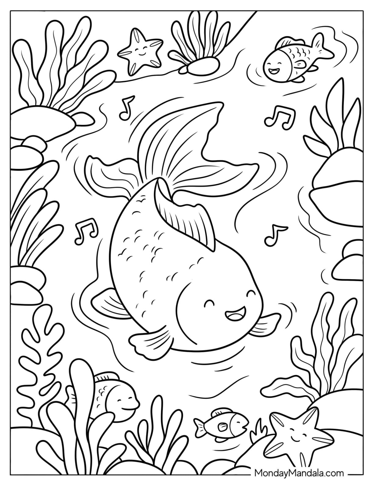 Cartoon Goldfish Coloring Page Dancing in a Pond for Kids
