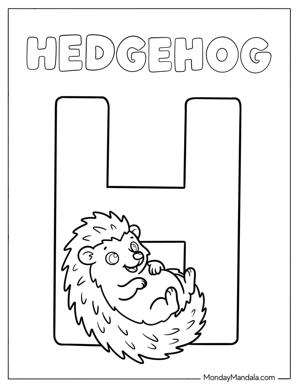 Cartoon Hedgehog Lying Next to a Big Letter H Coloring Page