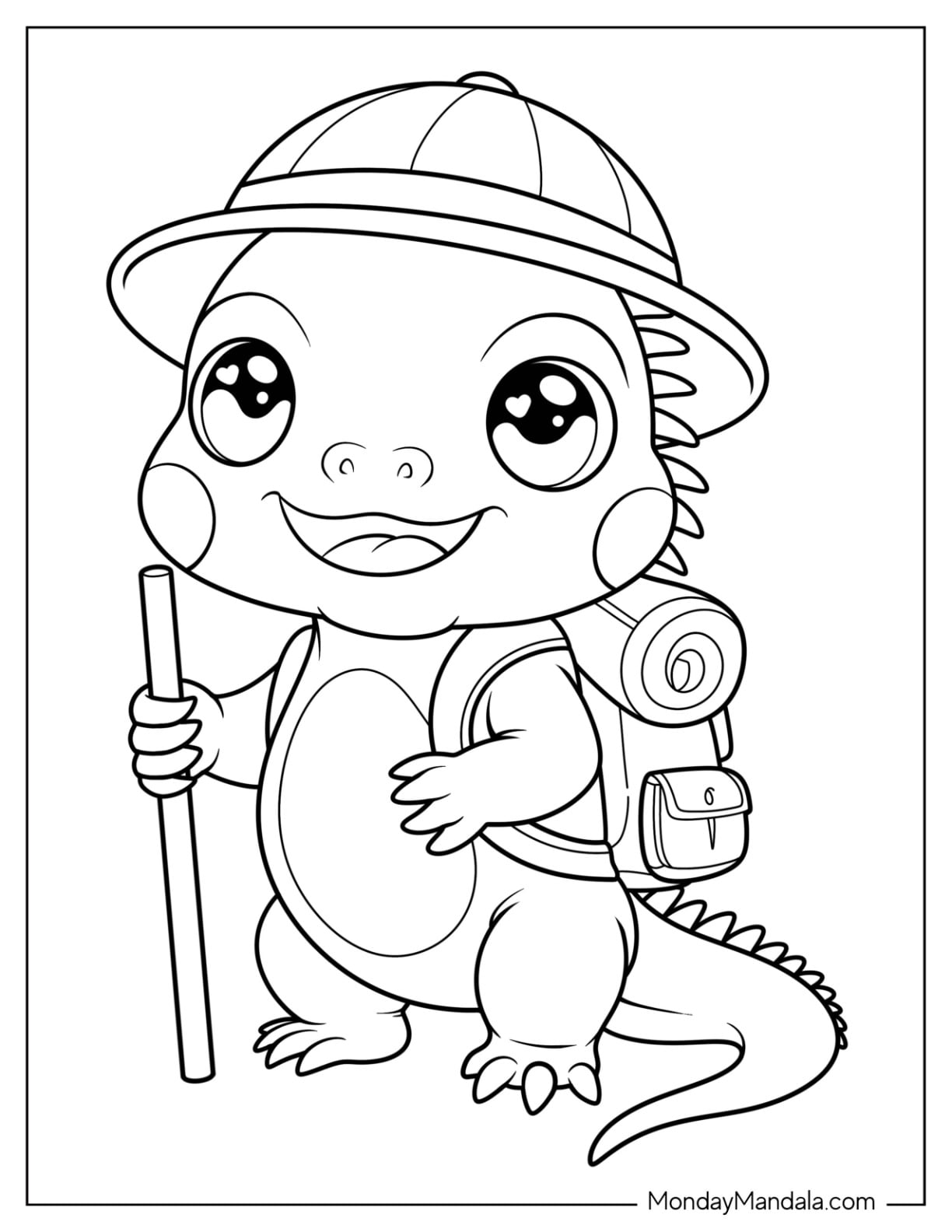 Cartoon Iguana Coloring Page with Hiking Hat and Bag