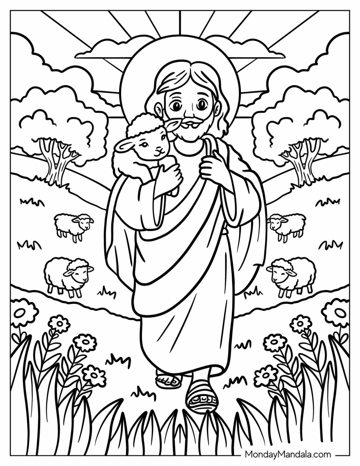 Religious Easter Coloring Page of Cartoon Jesus Carrying Lamb in a Flower Field for Kids
