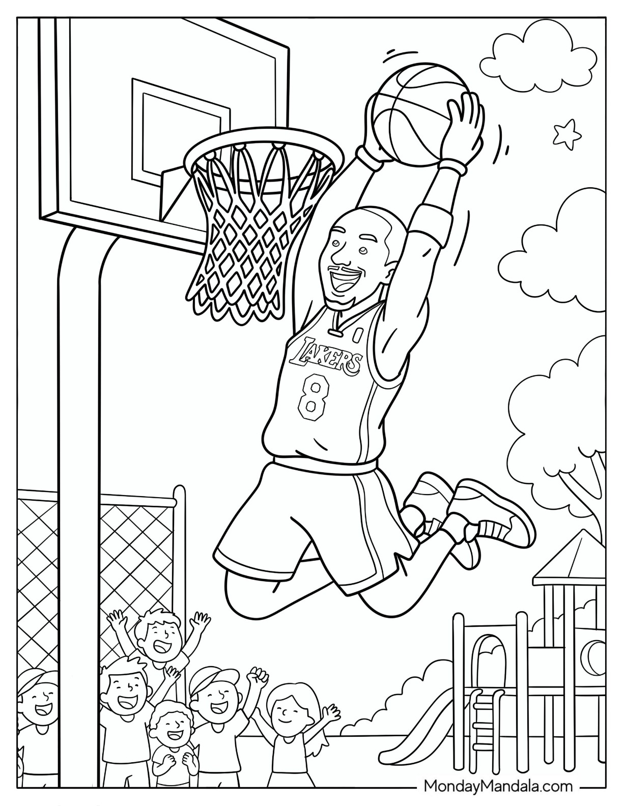 Cartoon Kobe Bryant Dunking a Ball While People Cheered Coloring Sheet for Kids