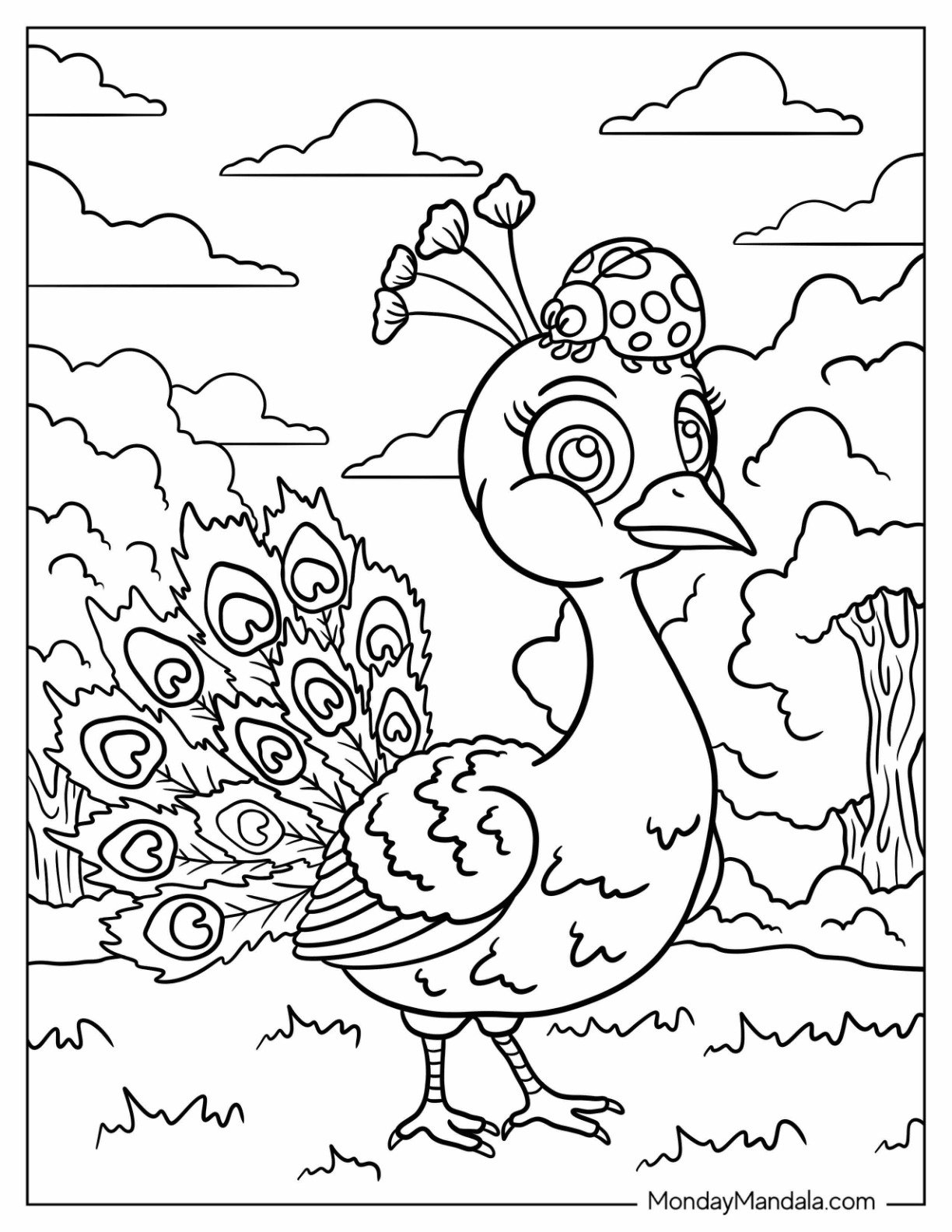 Cartoon Ladybug Sitting On Peacock Coloring Page with Flower Hat and Heart Shaped Tail Feathers