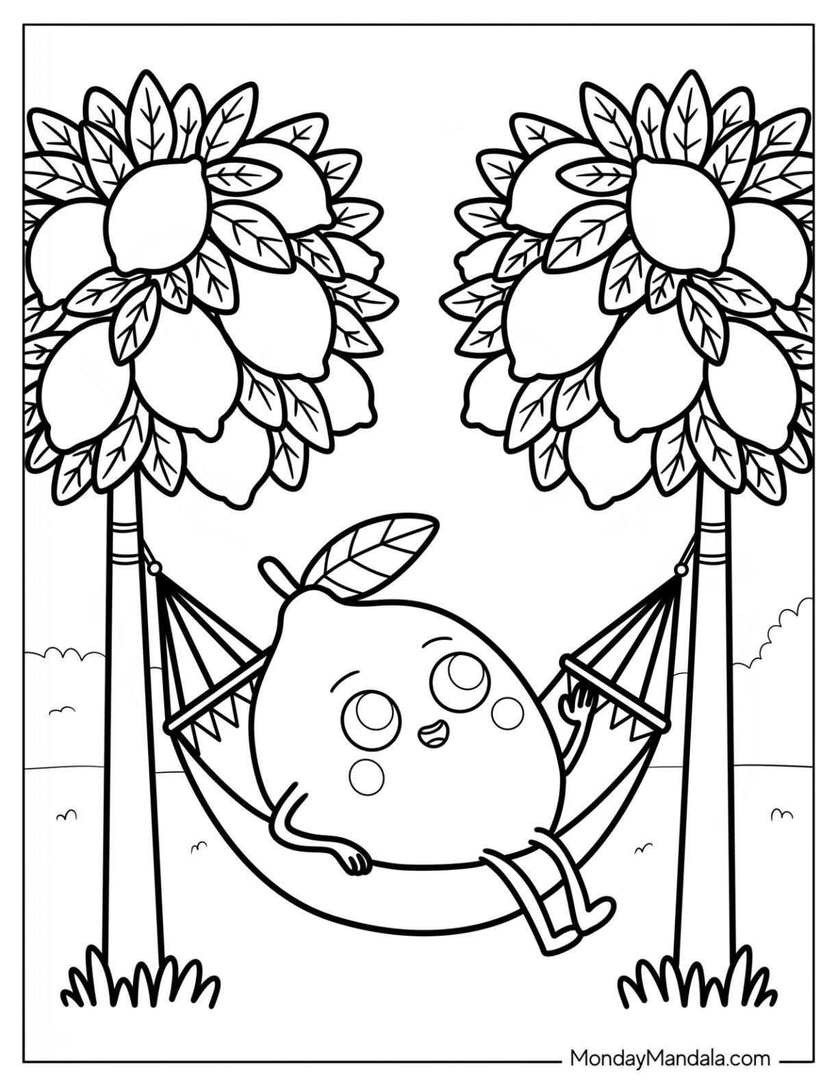 Cartoon Lemon Coloring Page on a Hammock Tied to Lemon Trees