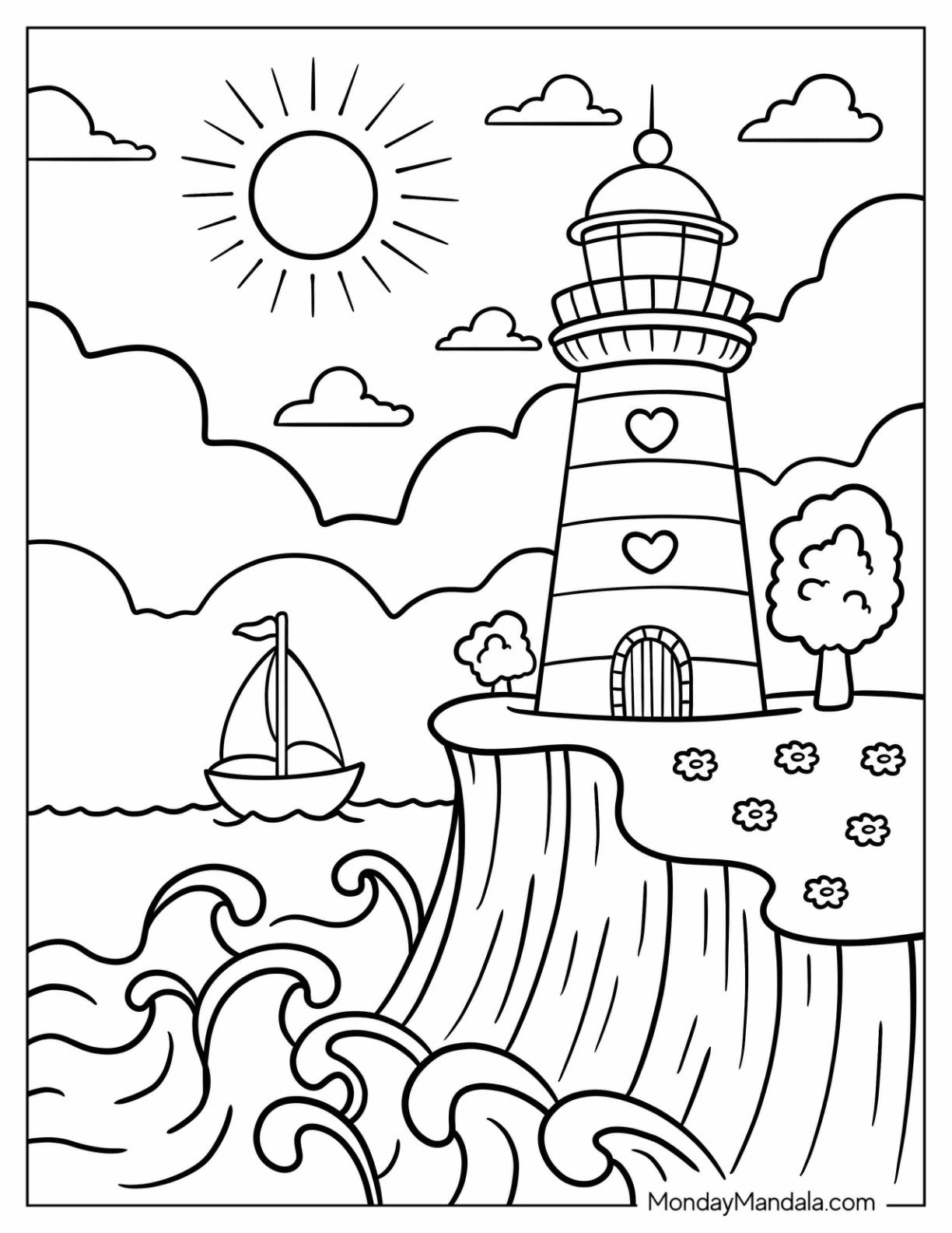 Cartoon Lighthouse Coloring Page on Sunny Day with Sailboat and Small Waves for Kids
