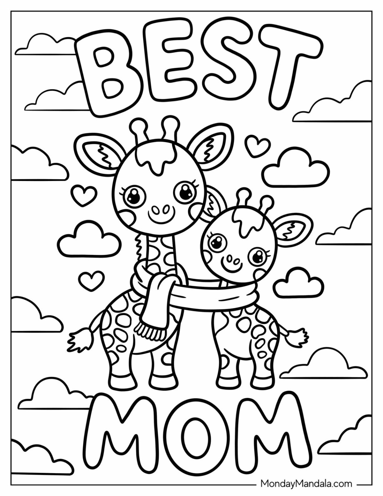 Mother's Day Coloring Page of Cartoon Mama and Baby Giraffe Sharing A Scarf Under Best Mom Words Coloring Sheet For Preschoolers