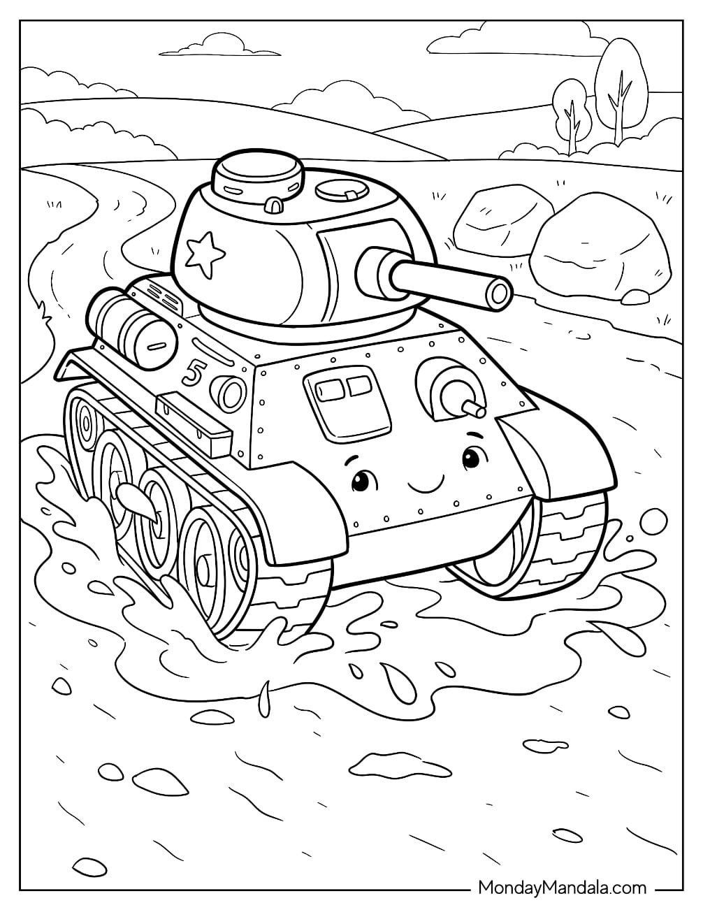 Cartoon Military Tank Driving Through a Muddy Road Coloring Sheet for Kids