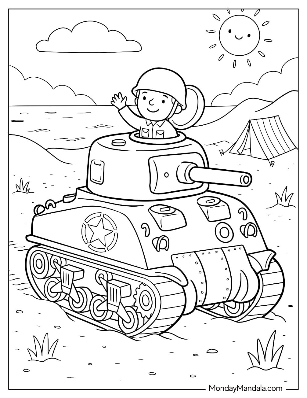 Cartoon Military Tank with Child Commander by the Sea Coloring Page for Kids
