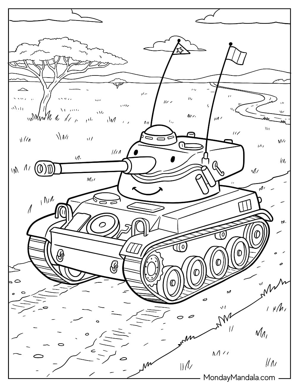 Cartoon Military Tank with Flags on a Countryside Road Coloring Page for Kids