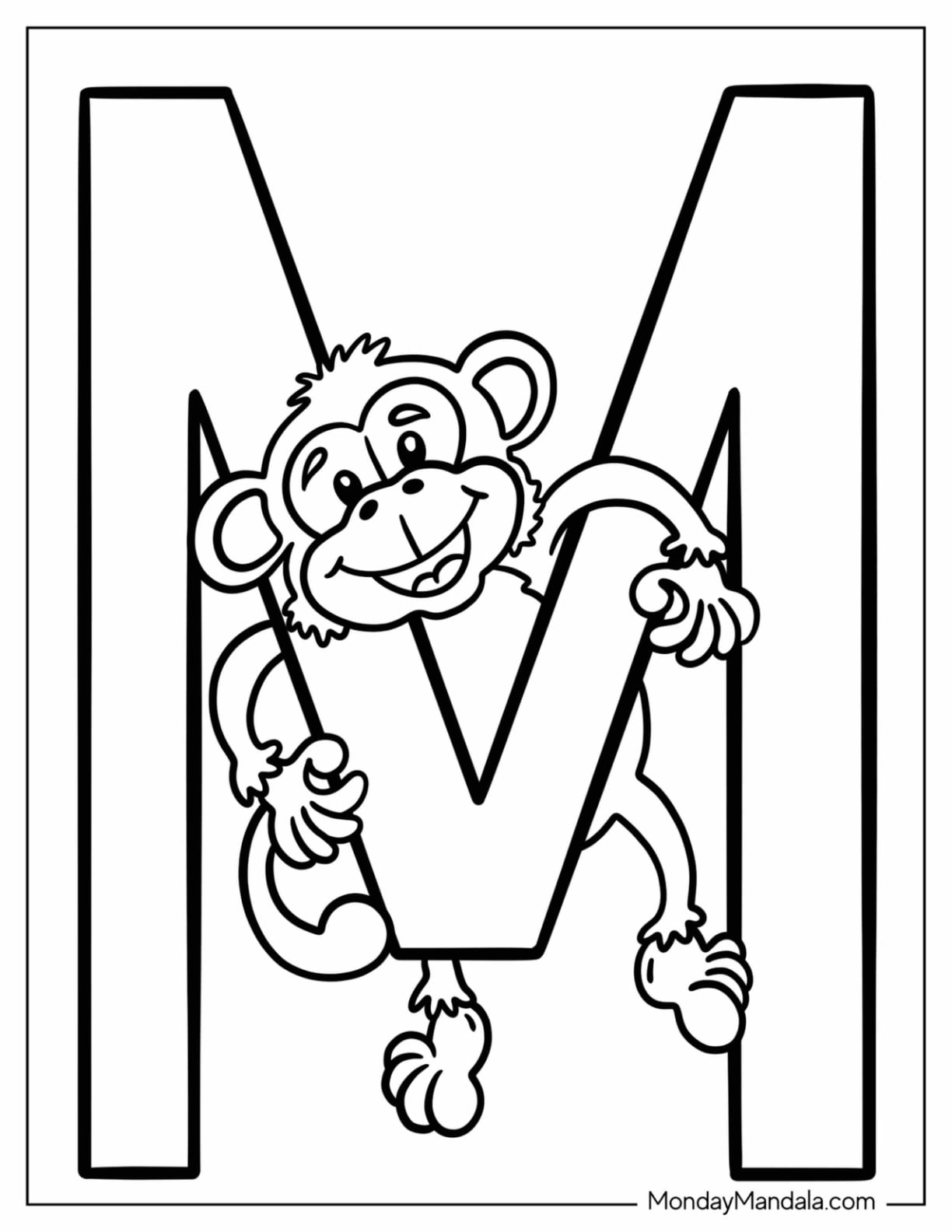 Cartoon Monkey Hanging From Big Letter M Coloring Page