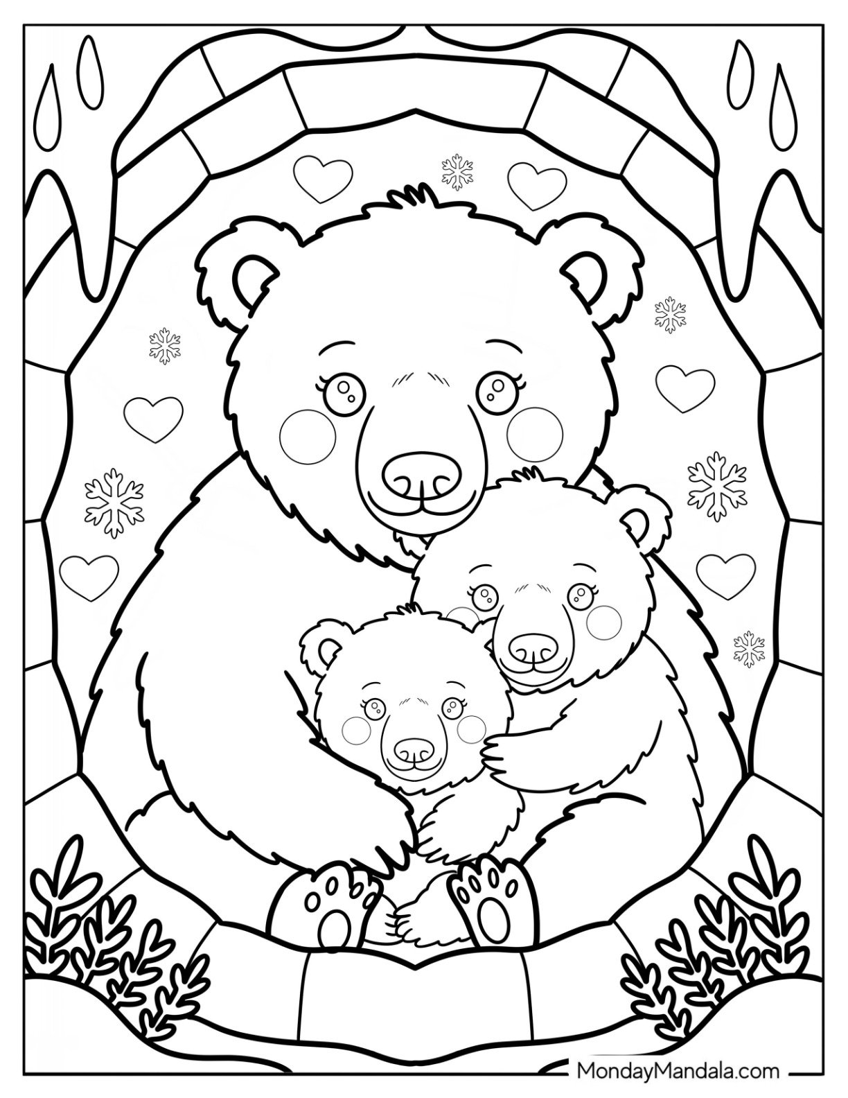 Cartoon Mother Polar Bear Coloring Page with Two Cubs in a Cave