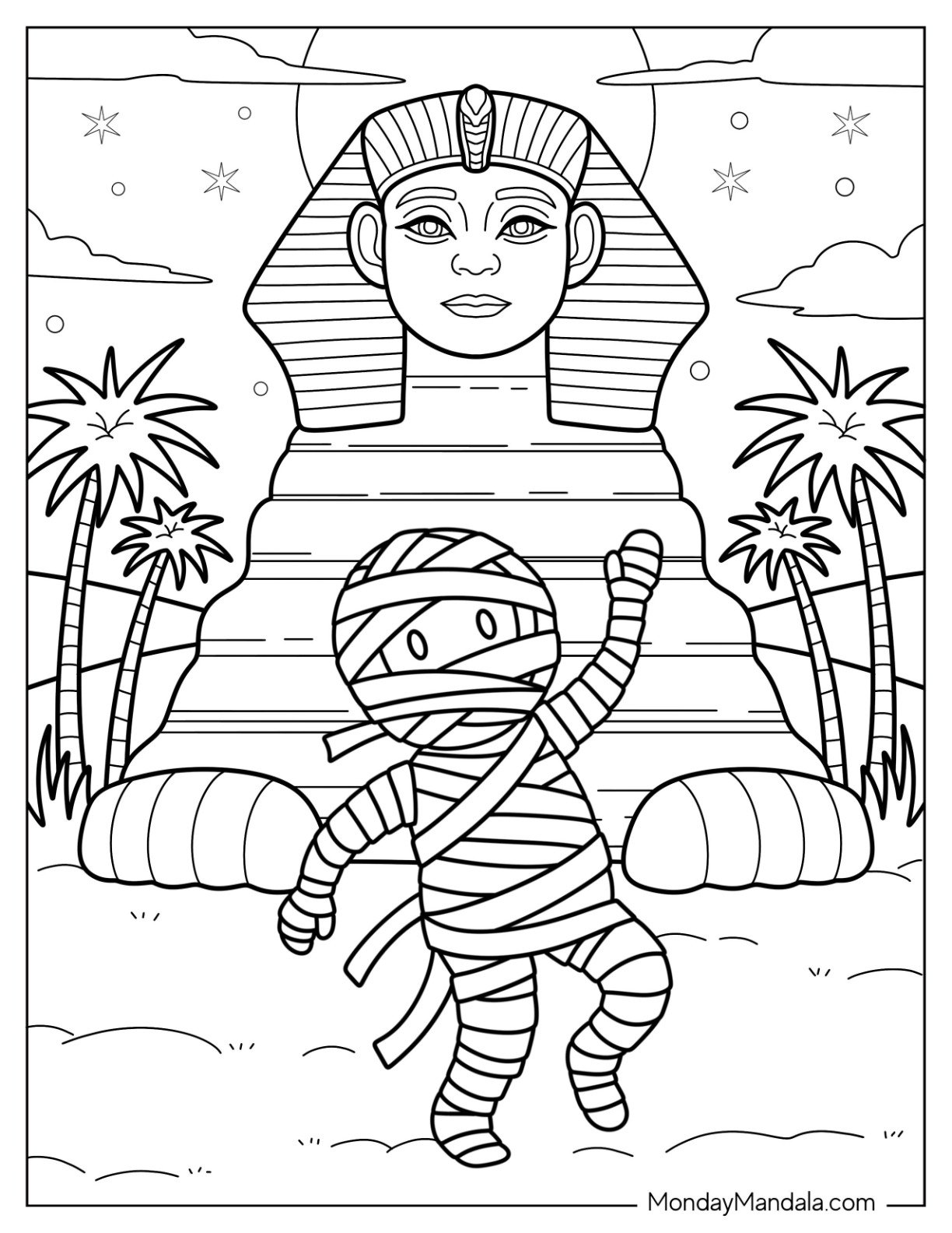 Cartoon Mummy Coloring Page Exploring the Great Sphinx of Giza