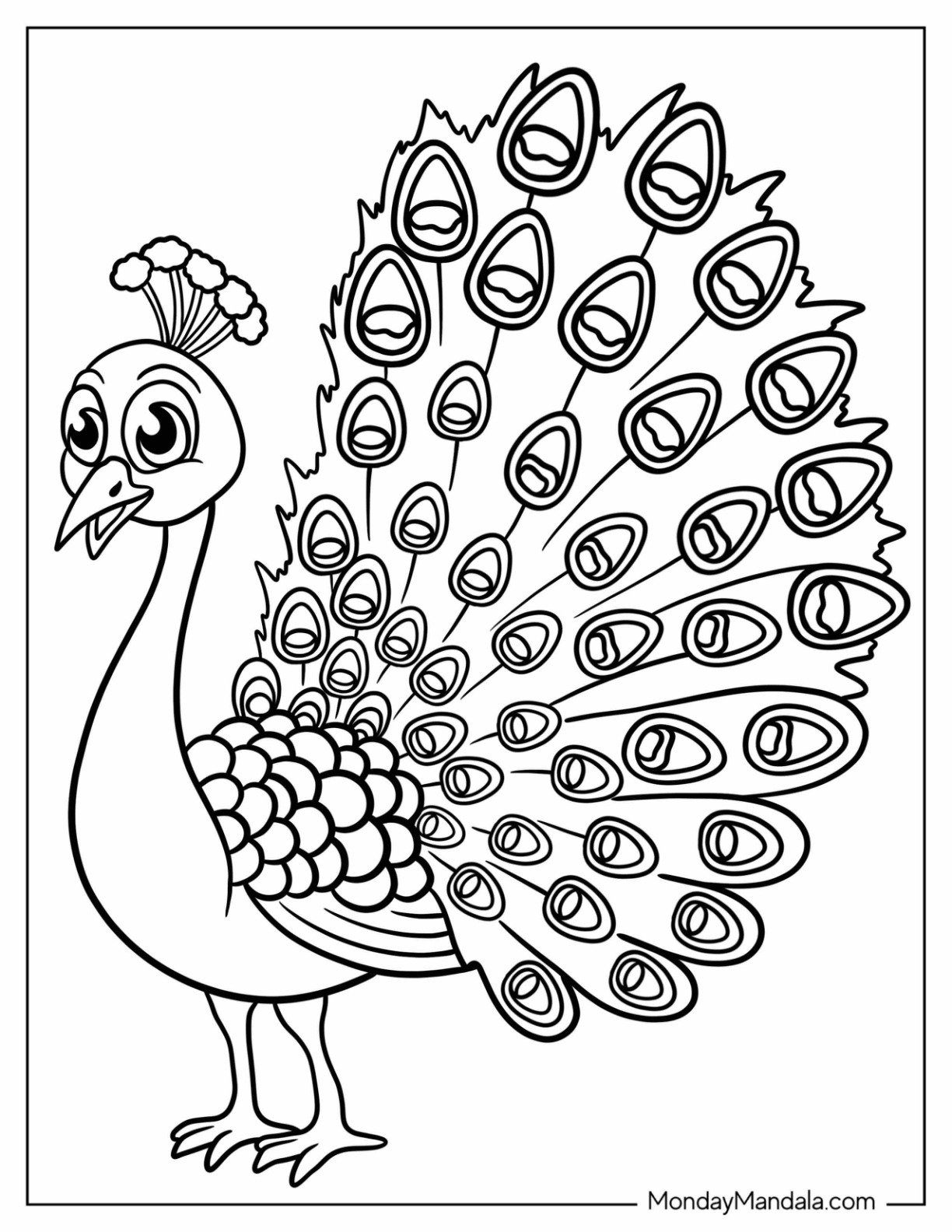 Cartoon Peacock Coloring Page Showing Off Fancy Tail Feathers For Kids
