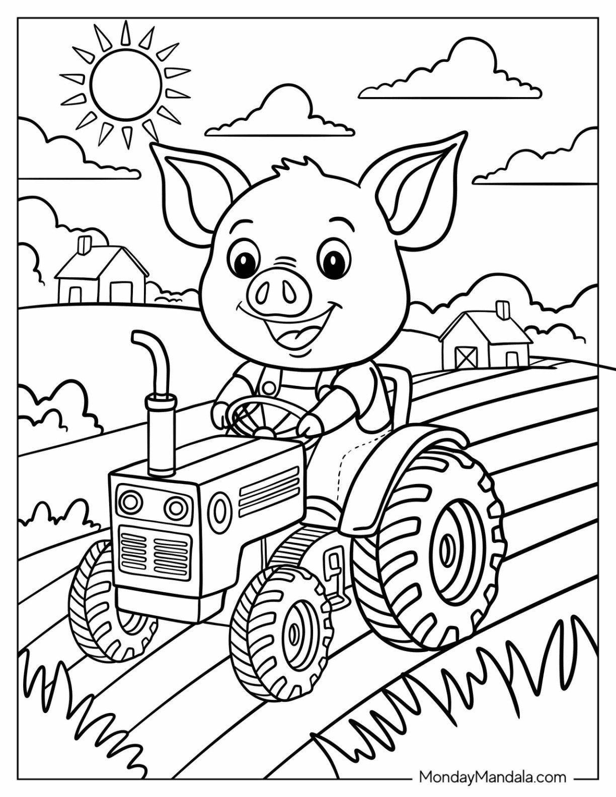 Cartoon Pig Coloring Page Farmer on a Tractor for Kids