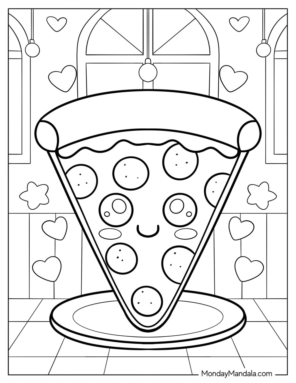 Cartoon Pizza Coloring Page Slice with Stars and Love Hearts for Kids