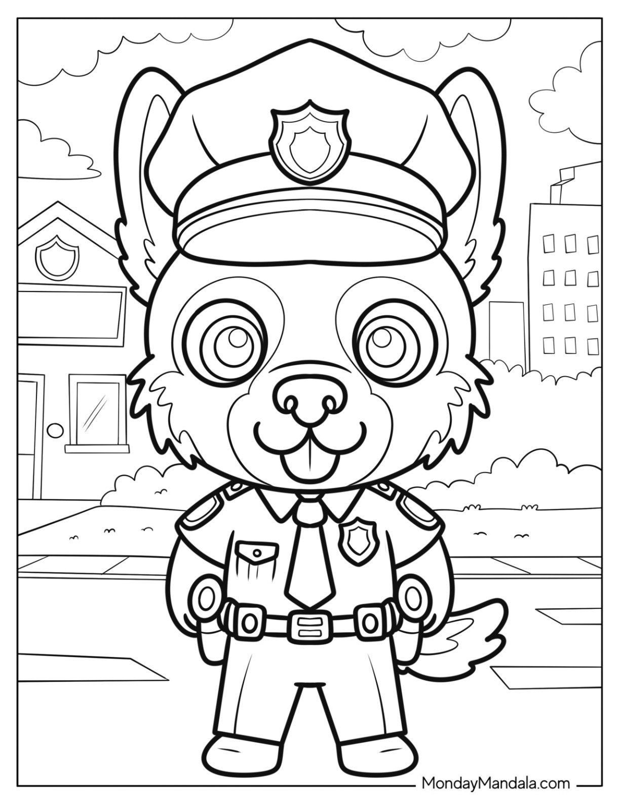 Cartoon Police German Shepherd Coloring Page Patrolling the City for Kids