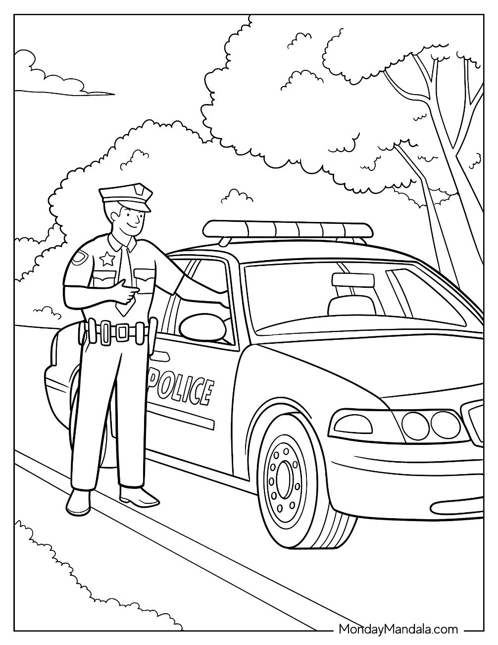 Cartoon Police Officer Next To His Police Car Coloring Page