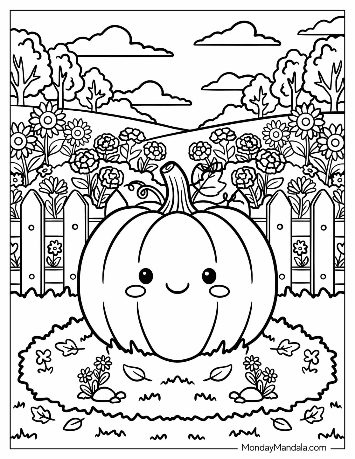 Cartoon Pumpkin in a Garden Coloring Page for Kids