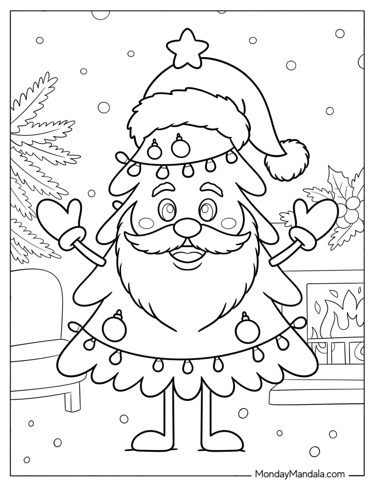 Cartoon Santa Christmas Tree Coloring Page for Kids